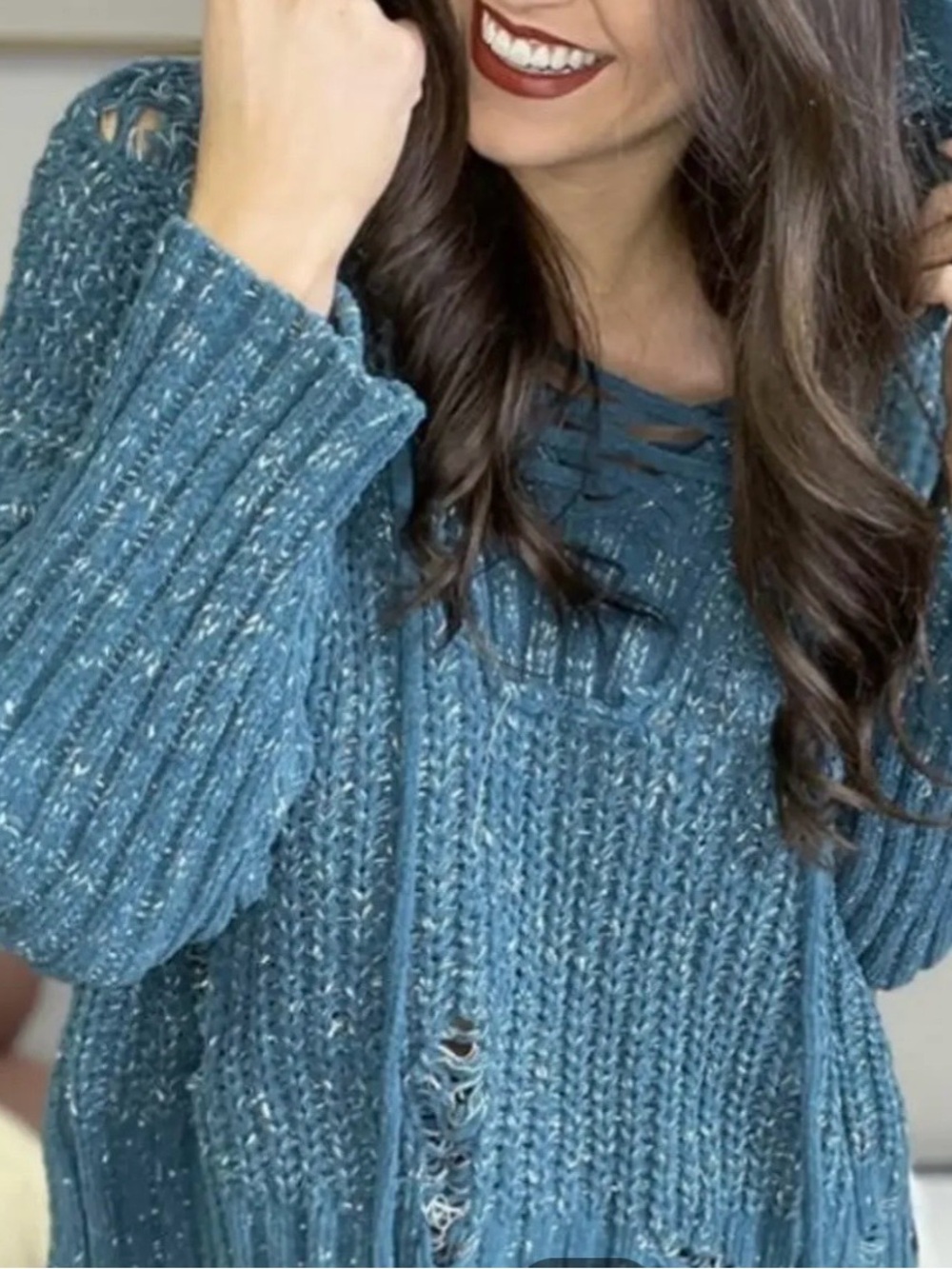 POL Teal Lace-Up Distressed Grunge Style Knit Sweater